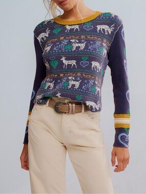 FREE PEOPLE Blissful Layering Long Sleeve T-Shirt in Navy Combo (M)